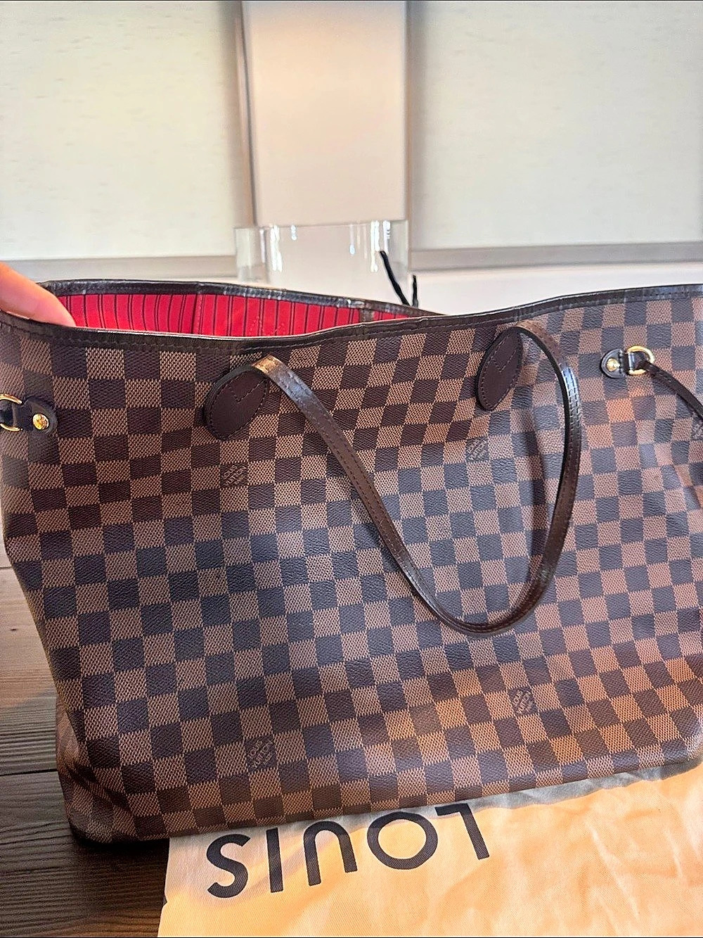 Louis Vuitton Neverfull GM Checkered Tote in Brown & Red
